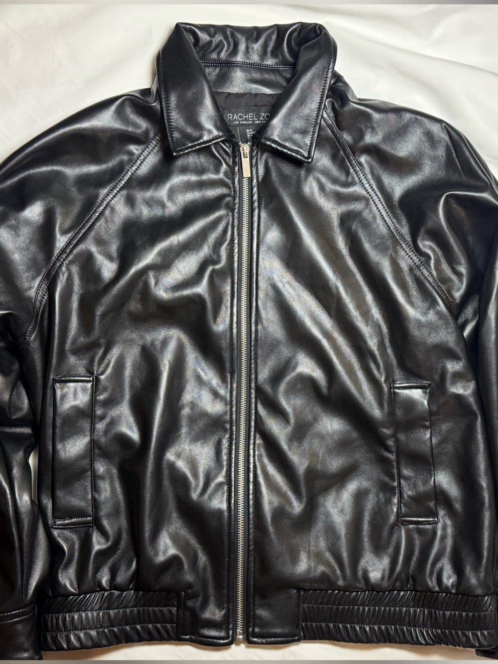 Rachel Zoe Black Faux Leather Bomber Jacket with Zip